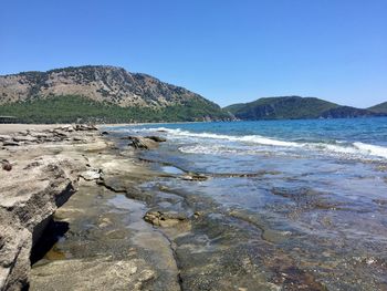 Scenic view of sea against clear blue sky
