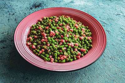 High angle view of fruits in bowl on table