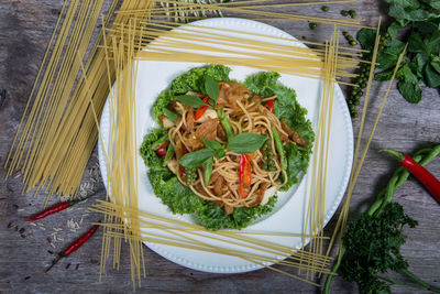 High angle view of food served on table