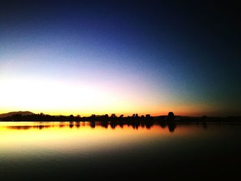 Scenic view of lake against clear sky during sunset