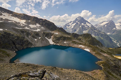 Scenic view of lake and mountains against sky