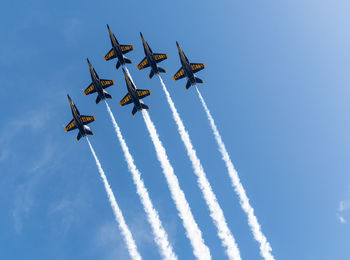 Low angle view of airplane flying against sky