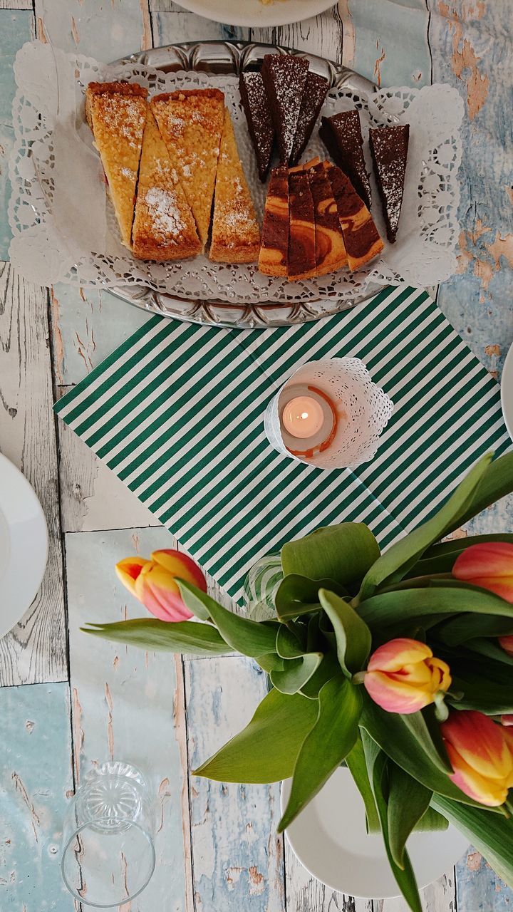 HIGH ANGLE VIEW OF FLOWERING PLANT IN PLATE ON TABLE