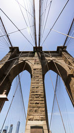 Low angle view of suspension bridge against clear sky