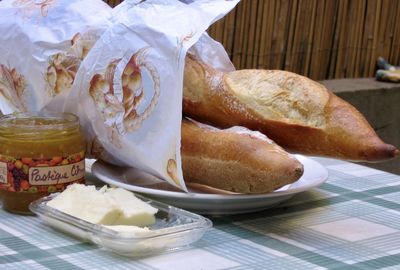 High angle view of breakfast served on table