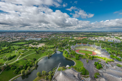 High angle view of cityscape against sky