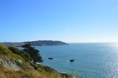 Scenic view of sea against clear blue sky