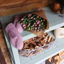 High angle view of chopped vegetables on table