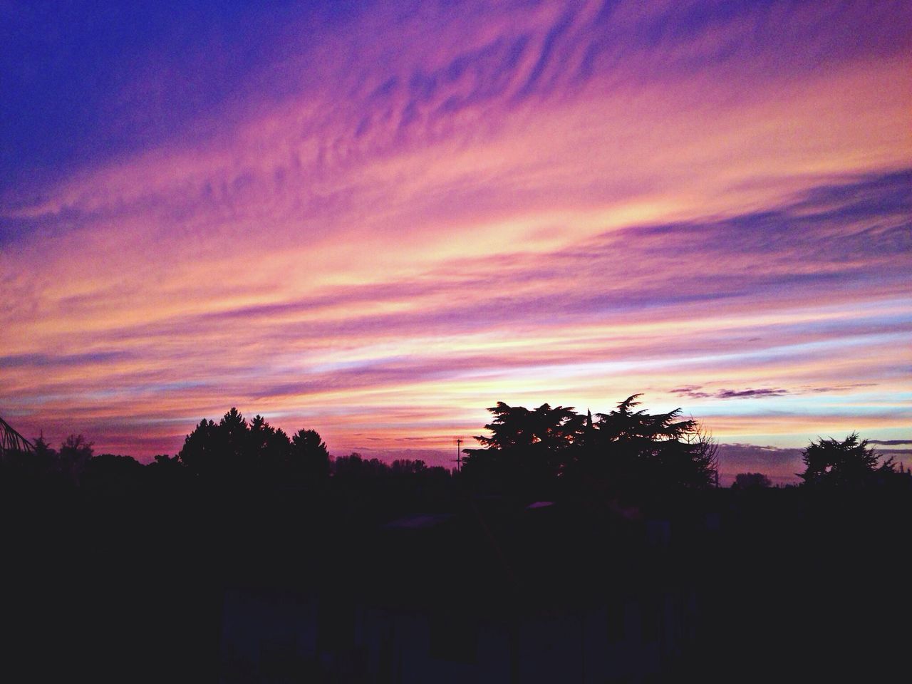 sunset, silhouette, sky, orange color, tree, scenics, beauty in nature, tranquil scene, tranquility, cloud - sky, nature, idyllic, dramatic sky, cloud, landscape, moody sky, outdoors, dusk, dark, no people