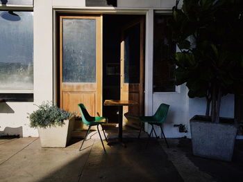 Potted plants on table by window of building