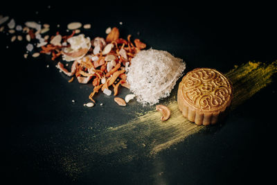 High angle view of food on table against black background