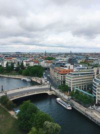 High angle view of bridge over river in city against sky