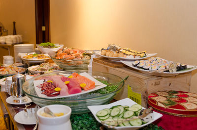 Close-up of food served on table