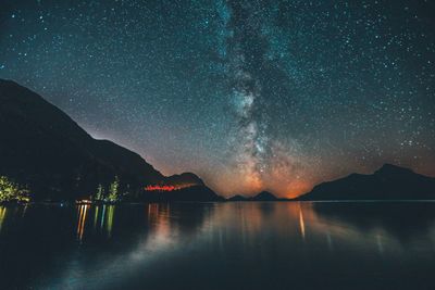 Scenic view of lake against clear sky at night