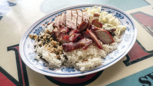 High angle view of food in plate on table