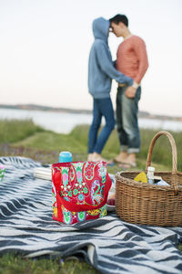 Picnic basket and bag on blanket with loving couple at background
