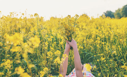 Girl holding bunch of flowers in field