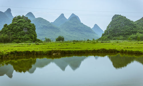 Scenic view of lake and mountains against sky