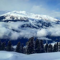 Scenic view of snow covered mountains against sky