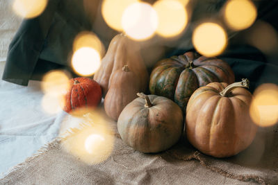 Ripe pumpkins of various shapes. bokeh from the festival lights. festive concept halloween party.