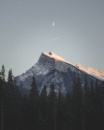 Scenic view of snowcapped mountains against clear sky during sunset