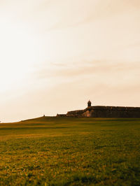 Scenic view of agricultural field against sky during sunset