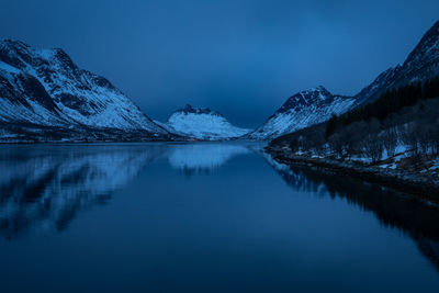 Scenic view of lake and snowcapped mountains against sky