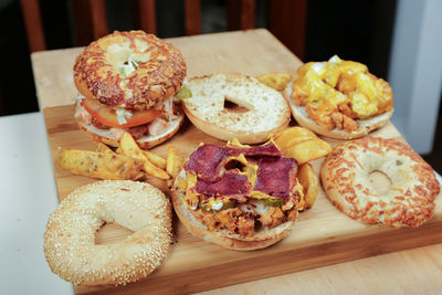 Close-up of burgers on table