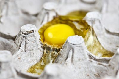 Broken egg in paper egg tray. yolk and white of easter cracked chicken egg. delivery damage