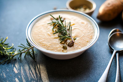 Close-up of soup in bowl on table