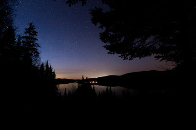 Silhouette trees by lake against sky at night