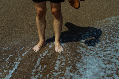 Low section of man standing on the beach