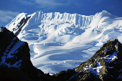 Snowcapped mountains against blue sky