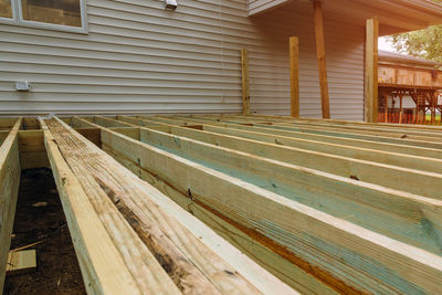 Close-up of empty benches in building