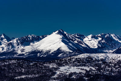 Scenic view of snowcapped mountains against clear blue sky