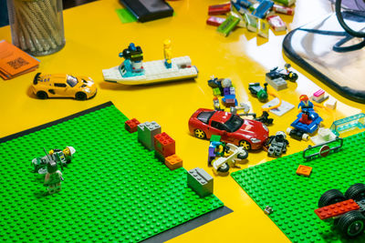 High angle view of toy car on table