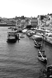 Boats moored on river in city against clear sky