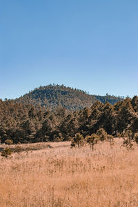 Scenic view of mountains against clear blue sky