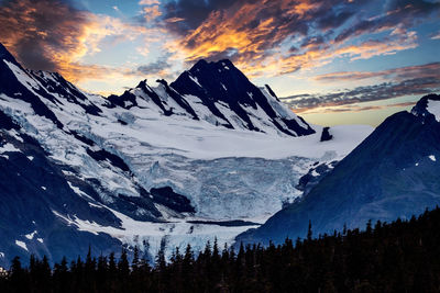 Scenic view of snowcapped mountains against sky during sunset