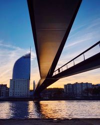 Bridge over river with buildings in background at sunset