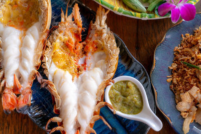 Grilled giant river prawn in a thai luxury restaurant. seafood in thailand. grilled river prawn