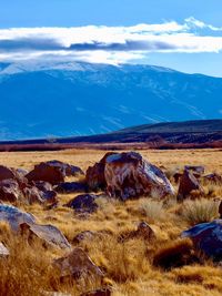 Scenic view of landscape and mountains against sky