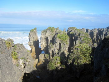 Panoramic view of rocks on beach against sky