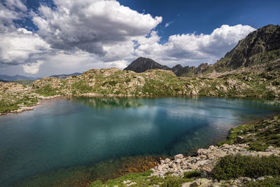 Scenic view of lake and mountains against sky