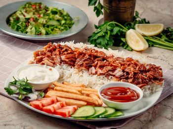 Close-up of meal served in plate on table