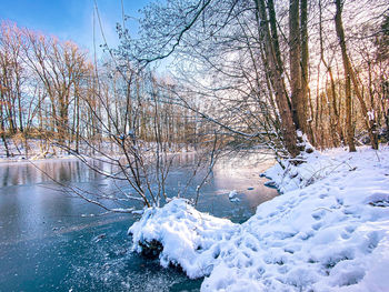 Scenic view of snow covered land against sky