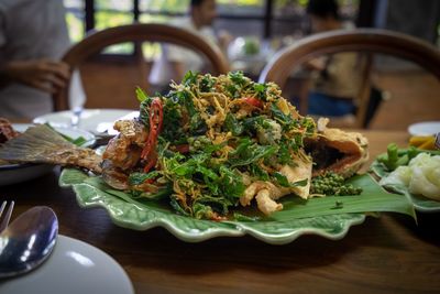 Close-up of food served on table in restaurant