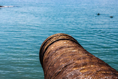 Close-up of rusty chain on sea shore