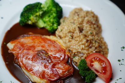 High angle view of breakfast served in plate