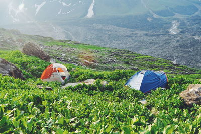 High angle view of tents at mountain